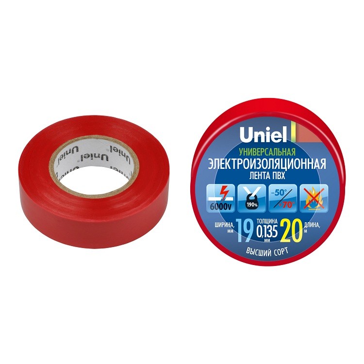

Изолента ПВХ Uniel UIT-135P 19 мм красная 20 м, Красный