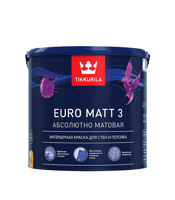 

Краска водно-дисперсионная интерьерная Tikkurila EURO MATT 3 белая основа А 2.7 л