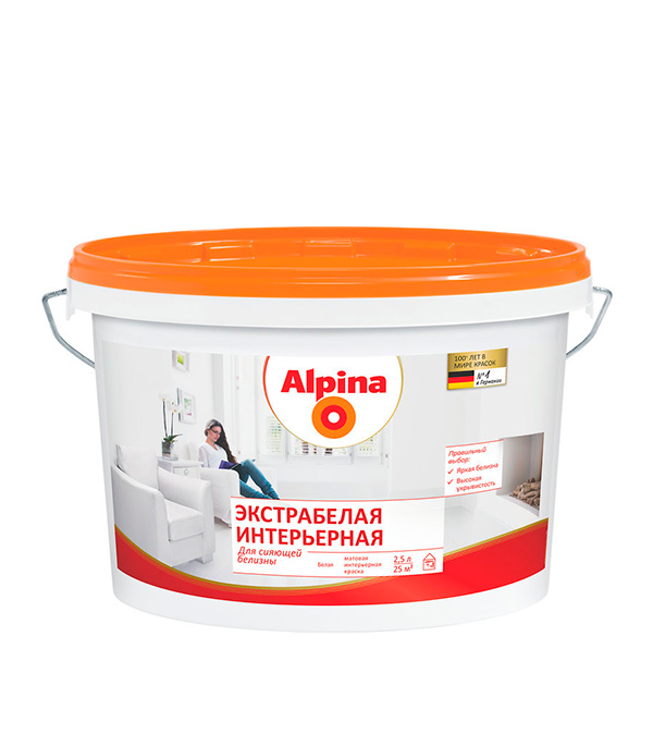

Краска водно-дисперсионная интерьерная Alpina Экстрабелая 2.5 л