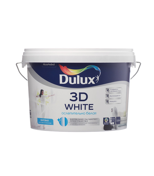 

Краска водно-дисперсионная интерьерная Dulux 3D White белая основа BW 2.5 л, Ослепительно белый