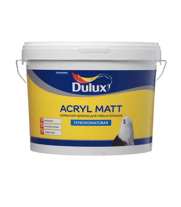 Купить Краска водно-дисперсионная интерьерная Dulux Acryl Matt для стен и потолков белая основа BW 9 л