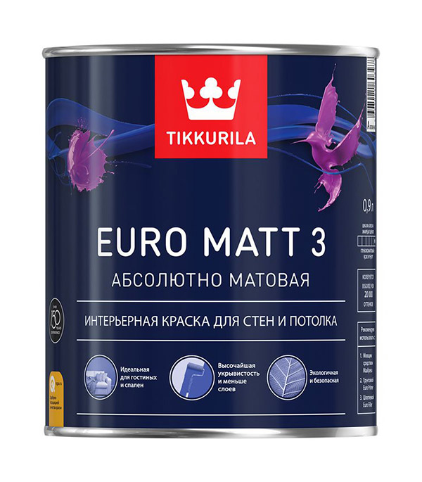 

Краска водно-дисперсионная интерьерная Tikkurila EURO MATT 3 белая основа А 0.9 л, Белый