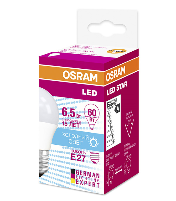 

Лампа светодиодная Osram 6.5 Вт Е27 шар G45 4000 К дневной свет 230 В