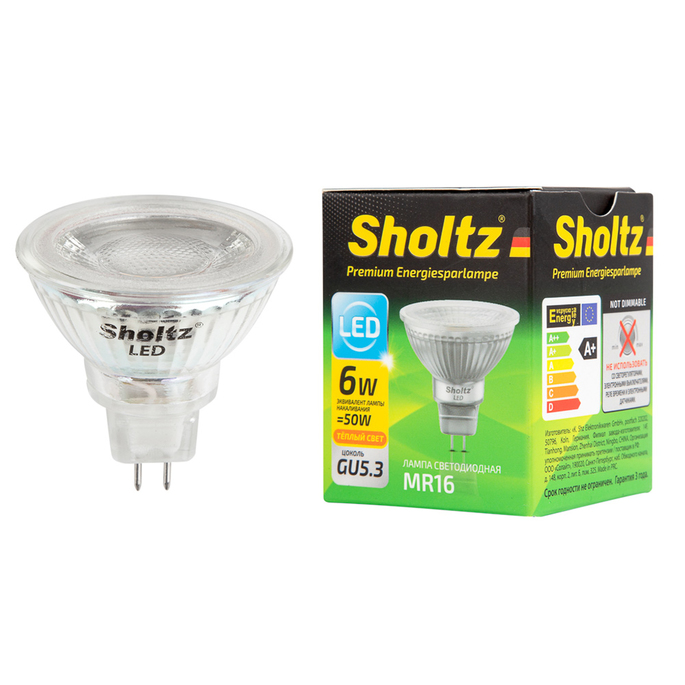 

Лампа светодиодная Sholtz 6 Вт GU5.3 рефлектор MR16 3000 К теплый свет 230 В