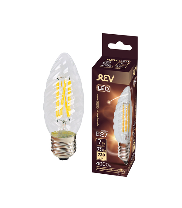

Лампа светодиодная REV 7 Вт Е27 филаментная свеча витая TC37 4000 К дневной свет 230 В