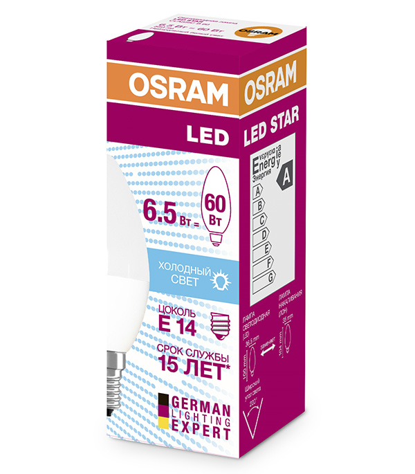

Лампа светодиодная Osram 6.5 Вт Е14 свеча С37 4000 К дневной свет 230 В матовая