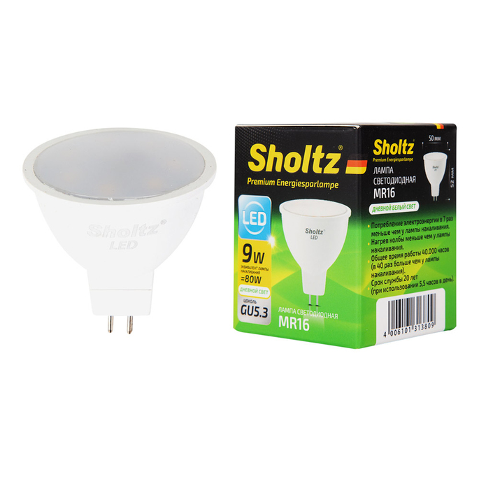 

Лампа светодиодная Sholtz 9 Вт GU5.3 рефлектор MR16 4000 К дневной свет 230 В