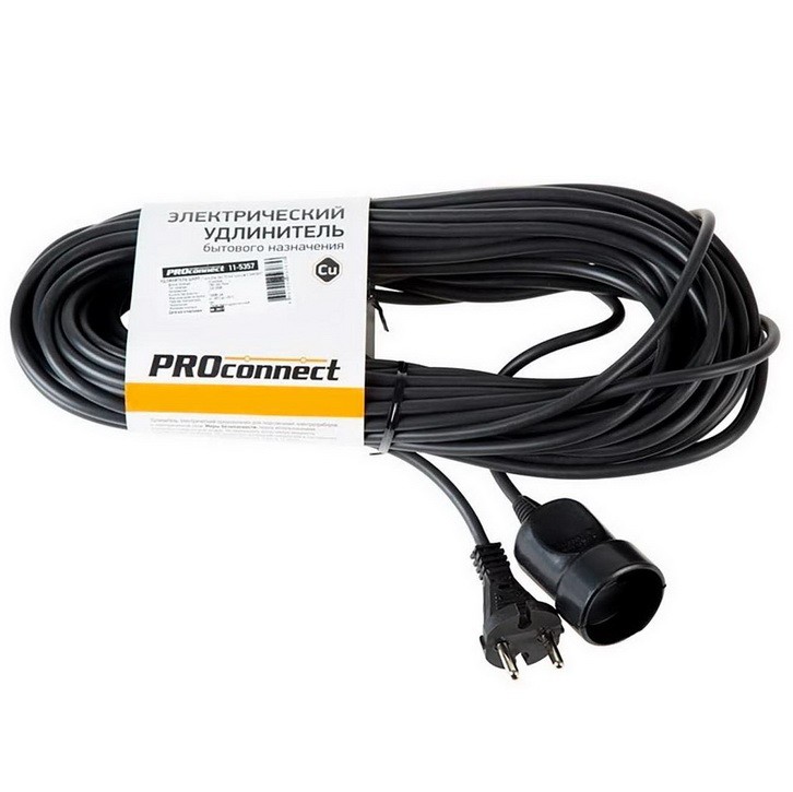 

Удлинитель-шнур PROconnect Standart 11-5357 ПВС 1 розетка без заземления 2х0.75 1300 Вт 20 м, Черный