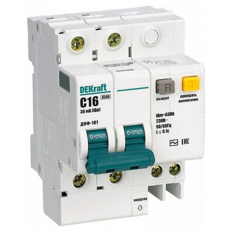 Купить Автоматический выключатель дифференциального тока DEKraft ДИФ-101 2п C 16А 30мА тип AC 4.5кА