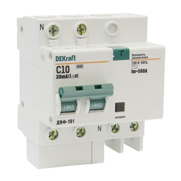 Купить Автоматический выключатель дифференциального тока DEKraft ДИФ-101 2п C 10А 30мА тип AC 4.5кА