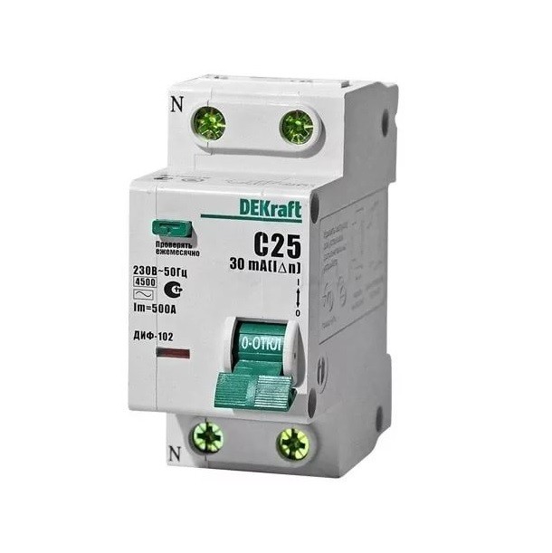 

Автоматический выключатель дифференциального тока DEKraft ДИФ-102 1P+N C 25А 30мА тип AC 4.5кА