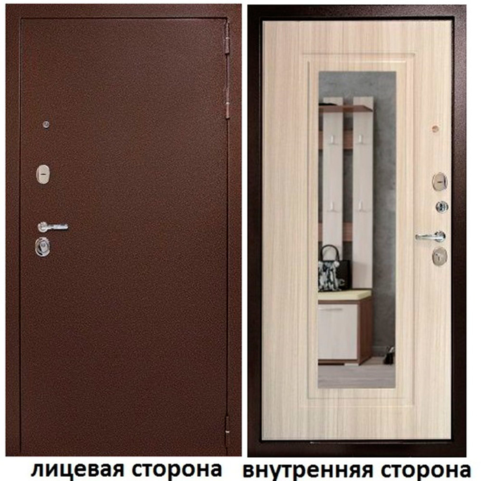 

Дверь входная Дверной континент Гарант 1 правая медный антик - беленый дуб с зеркалом 860х2050 мм