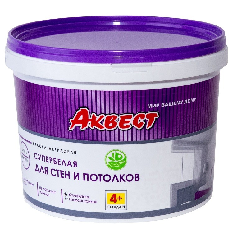 

Краска Аквест-4+ Cтандарт для стен и потолков супербелая, 14 кг, Белый