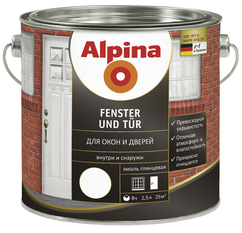 

Alpina Fenster und Tur 2.5 л, Эмаль алкидная для окон и дверей (белая), Белый