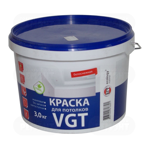 

VGT ВД-АК-2180 3 кг, Краска интерьерная акриловая для потолков (белоснежная), Белый