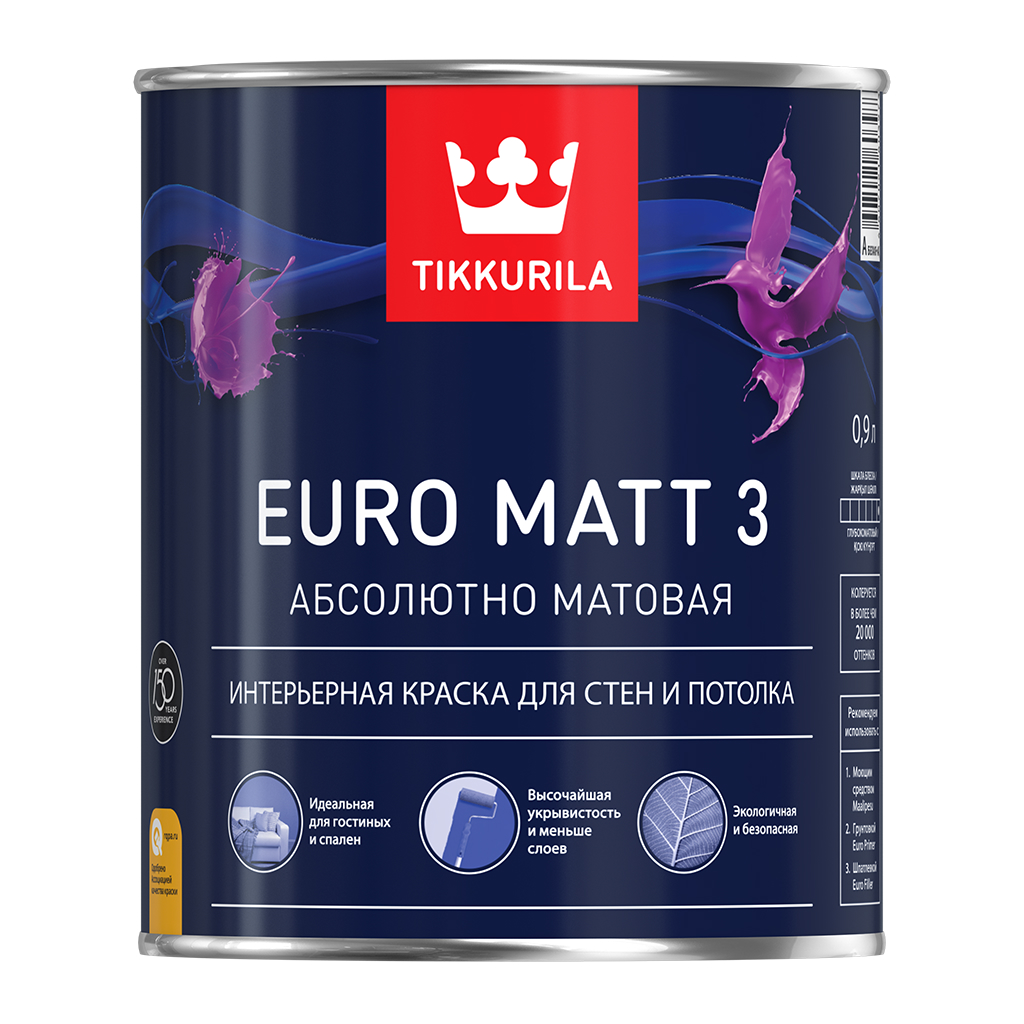 

Tikkurila Euro Matt 3 9 л, Краска интерьерная латексная (белая), Белый