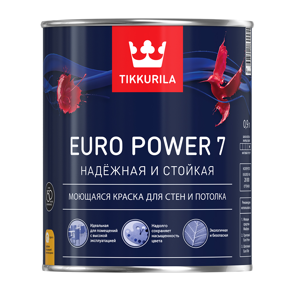 

Tikkurila Euro Power 7 0,9 л, Краска интерьерная латексная (белая), Белый