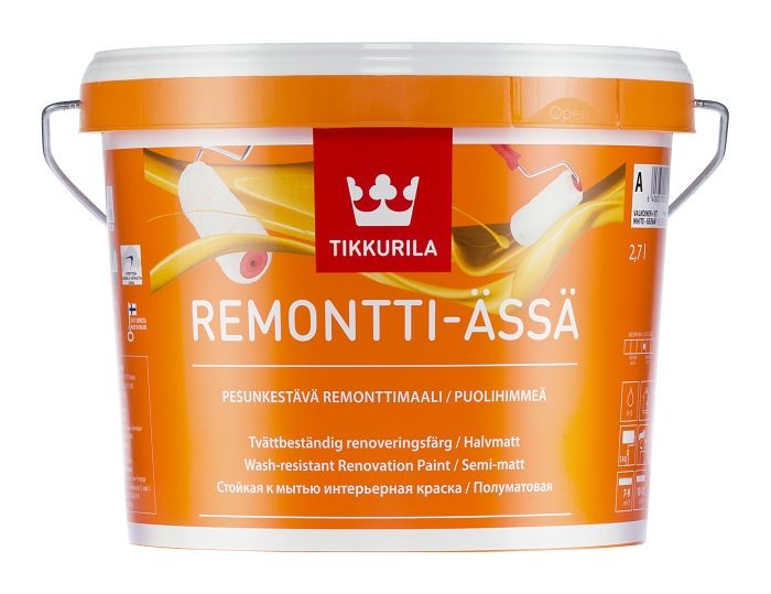 

Tikkurila Ремонтти-Ясся A 2,7 л, Краска интерьерная акрилатная для влажных помещений (белая полуматовая), Белый