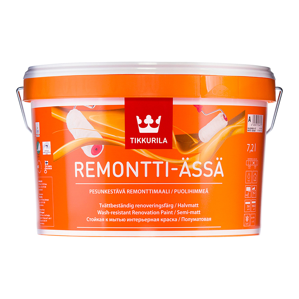 

Tikkurila Ремонтти-Ясся C 9 л, Краска интерьерная акрилатная для влажных помещений (белая полуматовая под колеровку), Белый