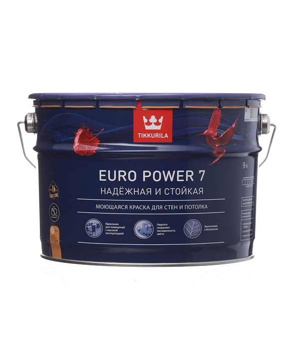 

Tikkurila Euro Power 7 9 л, Краска интерьерная латексная (белая), Белый