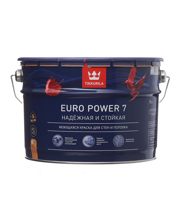 Купить Краска водно-дисперсионная Tikkurila Euro Power 7 моющаяся белая основа А 9 л
