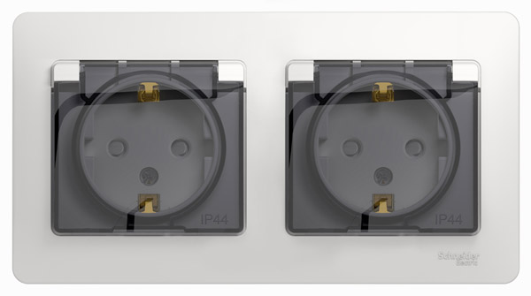 

Розетка с рамкой Schneider Electric Glossa GSL000147 двойная скрытая установка белая с заземлением IP44 со шторками, Белый