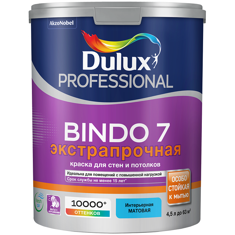 

Краска для стен и потолков Dulux Professional Bindo 7 экстрапрочная база BW матовая 4 л, Белый