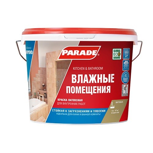 

Краска латексная Parade W100 Влажные помещения база А 9 л, Белый