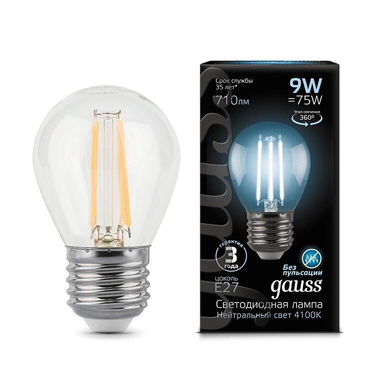 

Gauss LED Filament Globe E27 9W 4100K, Лампа