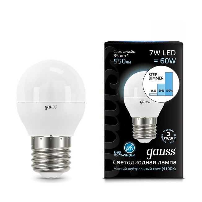 

Gauss LED Globe E27 7W 4100K step dimmable, Лампа