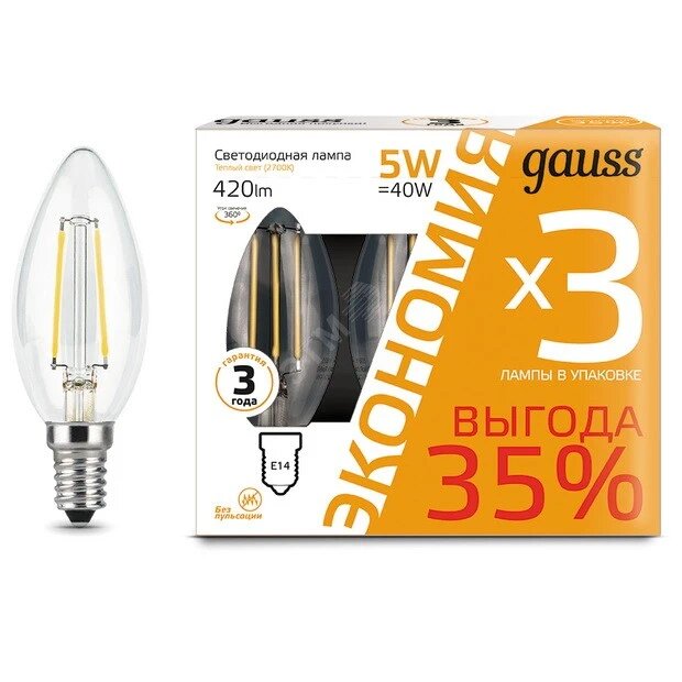 

Gauss Filament Свеча E14 5W 2700К, Лампа
