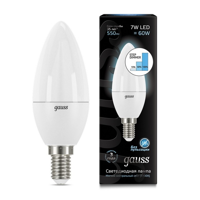 

Gauss LED Candle E14 7W 4100К step dimmable, Лампа
