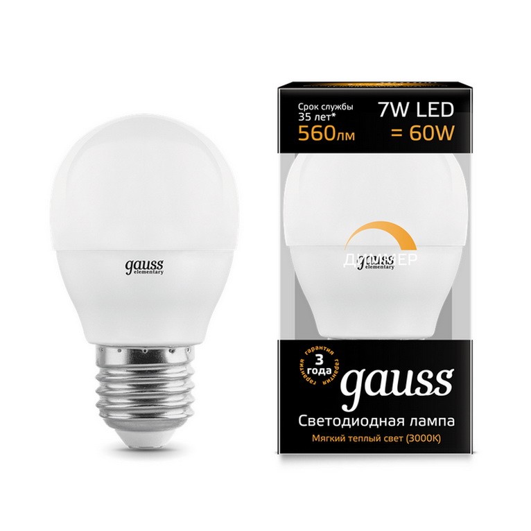 

Gauss LED Globe-dim E27 7W 3000К, Лампа диммируемая