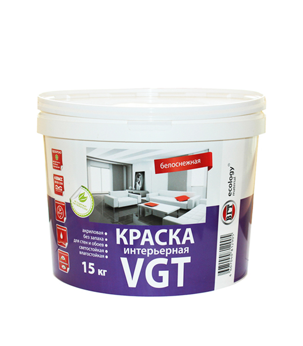 

Краска водно-дисперсионная VGT влагостойкая белоснежная 15 кг, Белый.