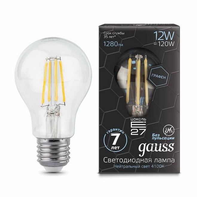 

Gauss LED Filament Graphene A60 E27 12W 4100К, Лампа