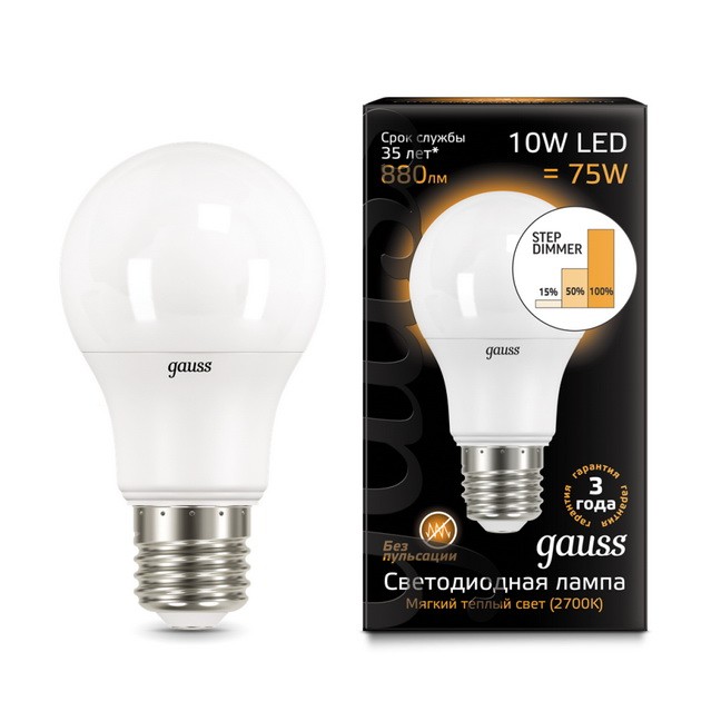 

Gauss LED A60 10W E27 2700K step dimmable, Лампа