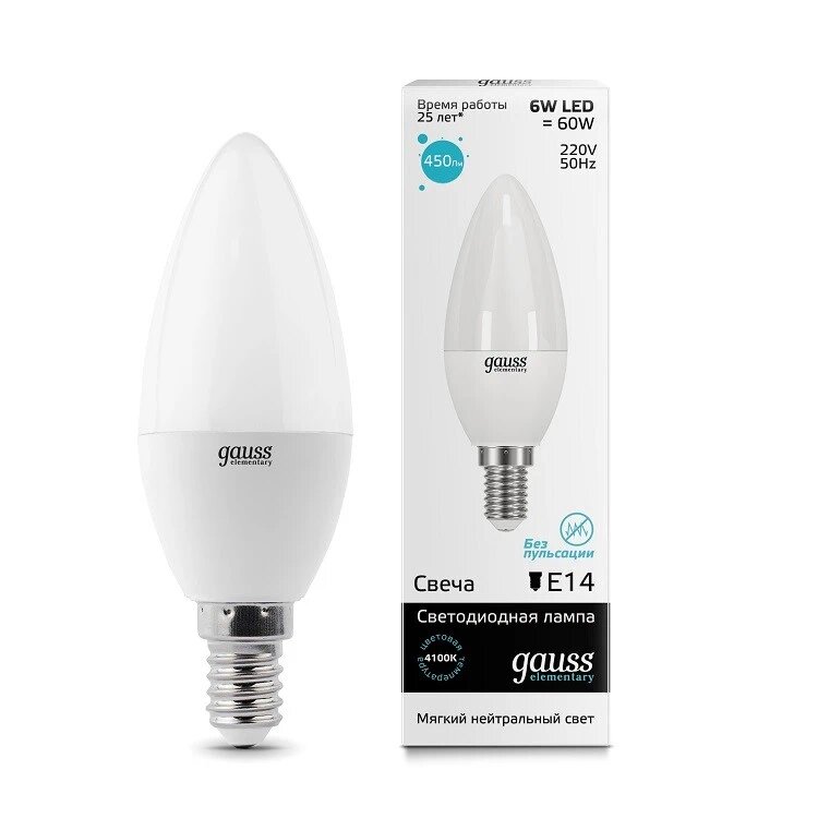 

Gauss LED Elementary Candle 6W E14 4100K, Лампа
