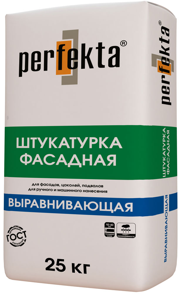 

Perfekta, 25 кг, Штукатурка цементная фасадная для машинного нанесения Выравнивающая серая, Серый